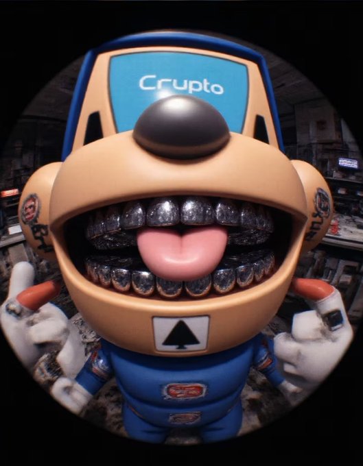 A 3D rendered cartoonish character features an oversized head with grills and a protruding tongue, wearing a blue racing suit with the word 'Crypto' visible above.