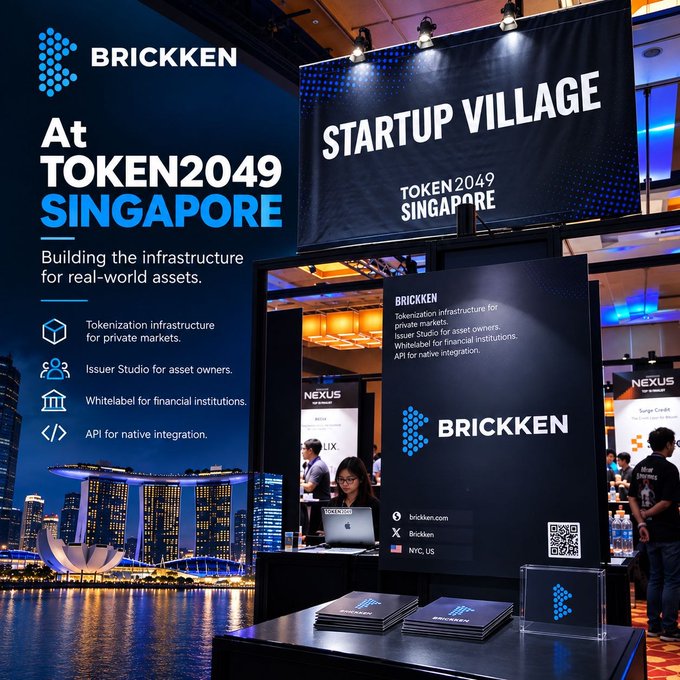 A promotional graphic for Brickken at Token2049 Singapore, highlighting "STARTUP VILLAGE" and their tokenization infrastructure for private markets, featuring an image of their booth.