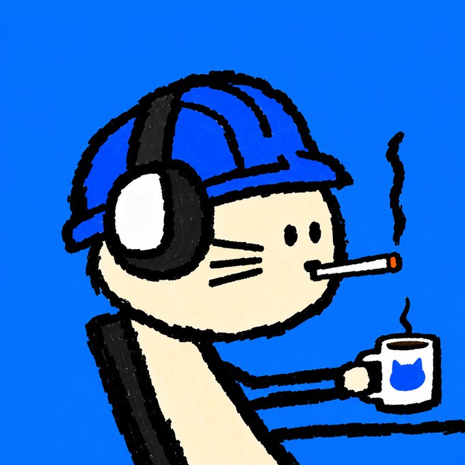 A simple cartoon drawing of a cat-like character wearing a blue cap and headphones, smoking a cigarette while holding a mug with a cat face design.