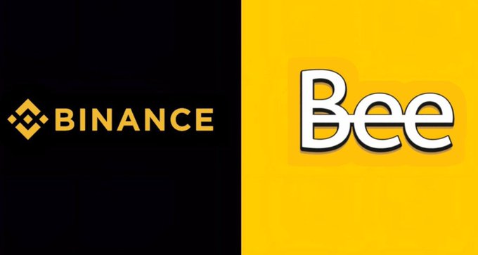 A split image showing the Binance logo on a black background on the left and the word 'Bee' in white text on a yellow background on the right.