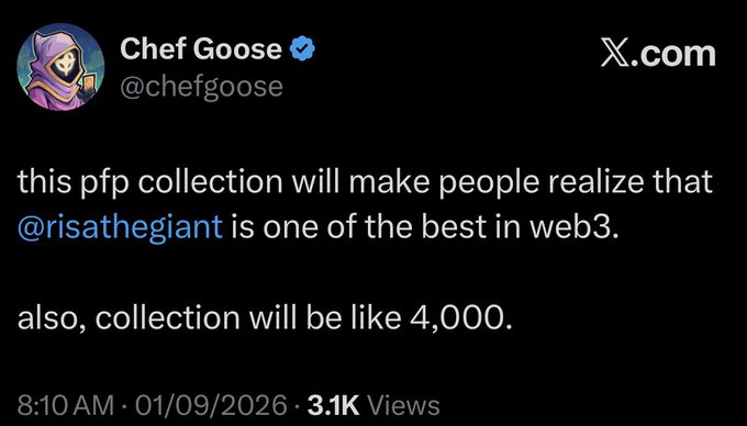 A tweet from Chef Goose (@chefgoose) on X.com reads: "this pfp collection will make people realize that @risathegiant is one of the best in web3. also, collection will be like 4,000." dated 01/09/2026 with 3.1K views.