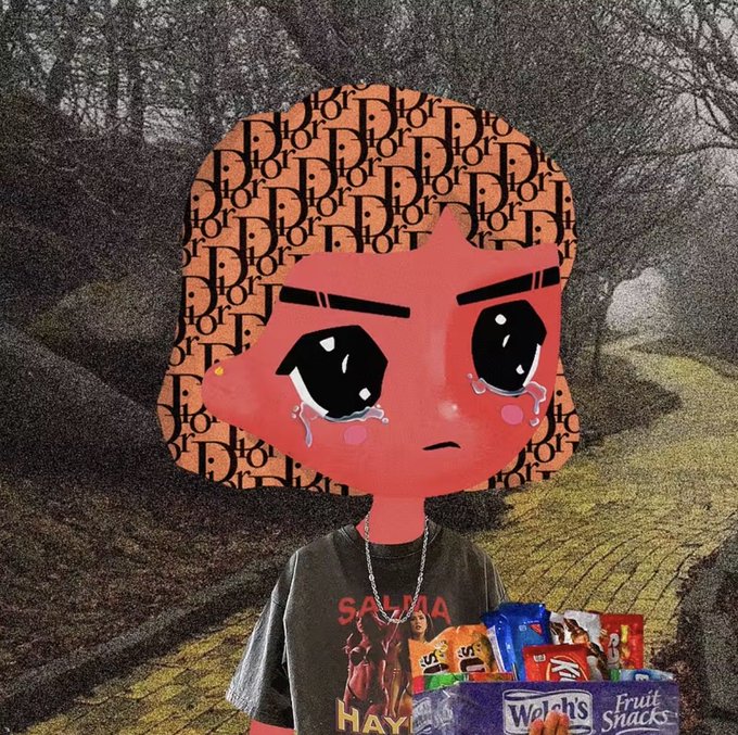 A cartoon-style illustration of a sad character with a Dior-patterned head, crying eyes, wearing a graphic t-shirt and holding an assortment of snacks including Welch's Fruit Snacks.