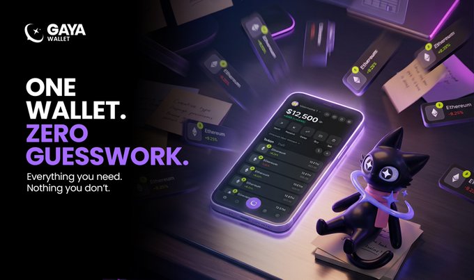 A dark, moody promotional image for Gaya Wallet featuring a glowing smartphone displaying a balance of $12,500 alongside an Ethereum tracker, surrounded by floating transaction cards and a black cartoon cat mascot. The tagline "ONE WALLET. ZERO GUESSWORK." reinforces the post's message of simplifying crypto decisions by removing unnecessary complexity.
