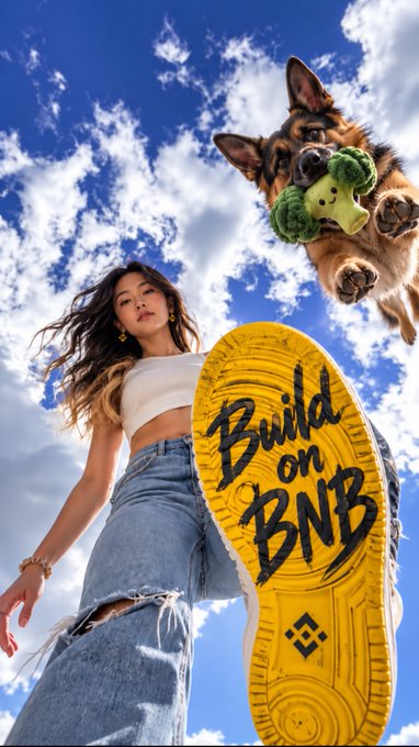 A low-angle shot features a woman standing against a cloudy blue sky with a German Shepherd dog holding a green toy in its mouth, while a yellow shoe sole is prominently displayed in the foreground bearing the text "Build on BNB".