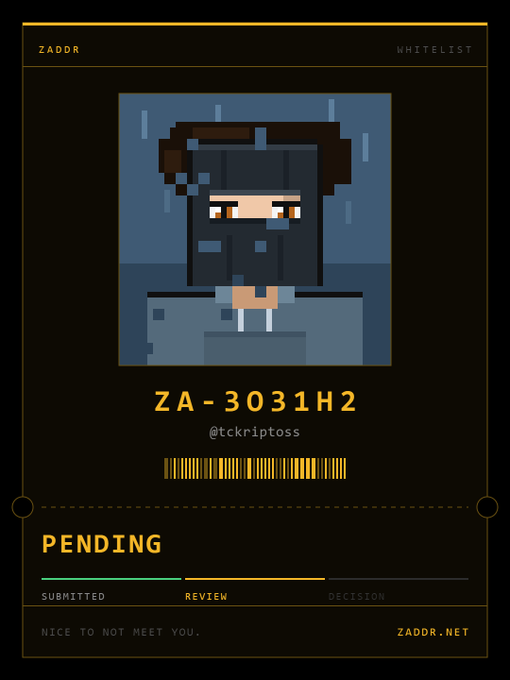 A digital ID card for 'ZADOR' shows a pixel art character, an ID number 'ZA-3031H2', the handle '@tckriptoss', and a 'PENDING' status with a progress bar indicating the 'REVIEW' stage.