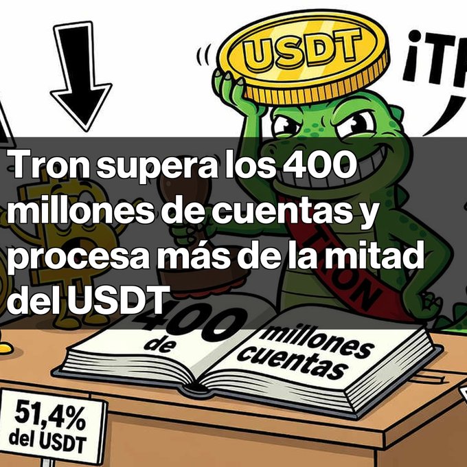 A Pepe the Frog meme with Spanish text stating 'Tron supera los 400 millones de cuentas y procesa más de la mitad del USDT' (Tron exceeds 400 million accounts and processes more than half of USDT), noting 51.4% del USDT.