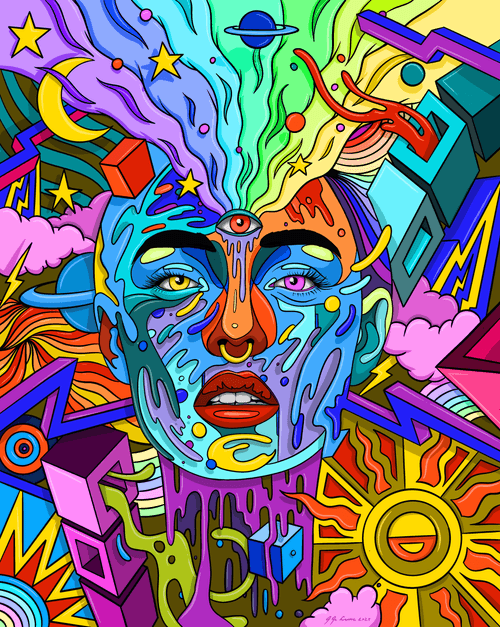 A vibrant, psychedelic digital painting of a melting, multicolored face with mismatched eyes, surrounded by stars, planets, and geometric shapes.