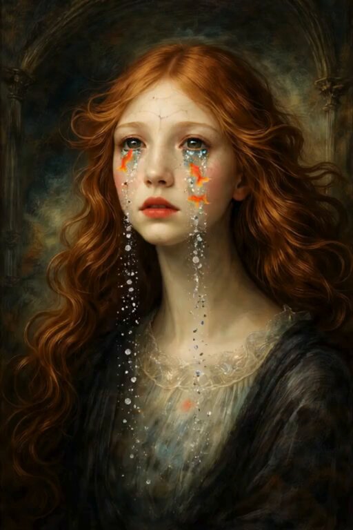 The image features an artist's portrait of a woman with long red hair, wearing a black dress that has orange accents. The painting depicts her crying, with tears streaming down her face as she looks sad or distressed. The background of the artwork is dark and somewhat gloomy, which contrasts with the vibrant colors of the woman's dress and highlights her emotions. The post includes text that reads "hmmm...a predicted loss @ThecentaurusM ...oh yeah I'm a loser baby! You can make it better by collecting her." This message seems to be directed towards the artist or someone who has created this painting, suggesting that they may have been criticized for their work.