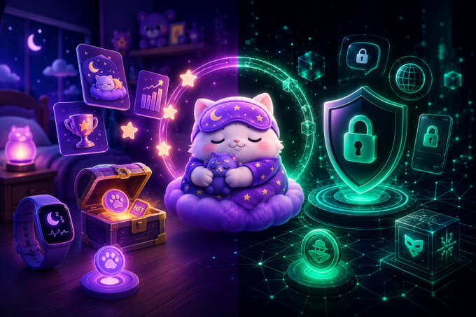 A sleepy cartoon cat wearing a star-patterned sleep mask rests on a cloud surrounded by floating dreamlike elements (a glowing smartwatch, treasure chest, paw-print token, and trophy) on the left, contrasted with digital cybersecurity icons (shield, locks, globe) on the right—visually representing how Sleepagotchi blends cozy, gamified user experience with secure Web3 infrastructure rather than overwhelming users with complex DeFi mechanics.