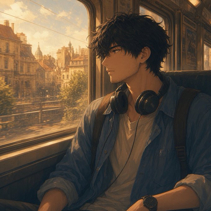 Anime-style illustration of a young man with messy dark hair and headphones around his neck, sitting by a window with a European-style cityscape visible outside.