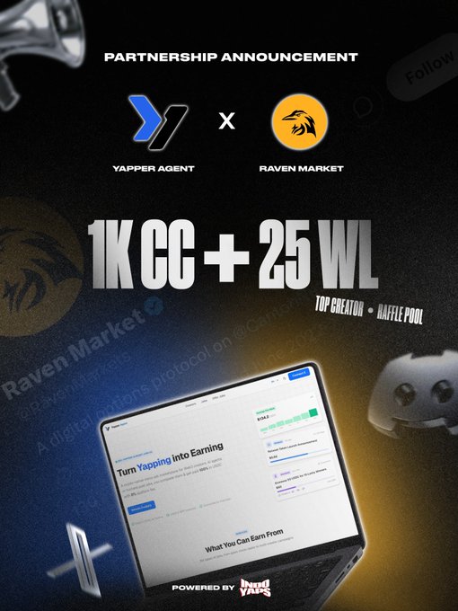 The image features an advertisement for a gaming company that has just launched their second campaign. The poster includes a laptop computer with a game displayed on its screen, along with a mouse and keyboard. The background of the poster is black, which contrasts with the white text and blue elements. The text on the poster announces "Partnership announcement" and mentions two companies: "yapper agent" and "Raven Market". Additionally, there are three different types of games shown in the image, each accompanied by a description or rating.