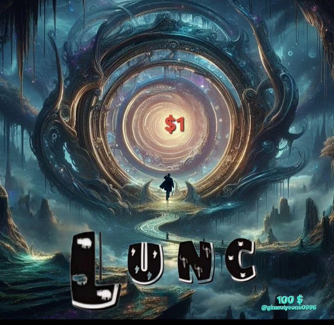 A fantasy-themed digital artwork featuring a portal with a '$1' sign, a silhouette of a person walking toward it, and the stylized text 'LUNC' at the bottom with '100 $ @gimsulyeons00986'.