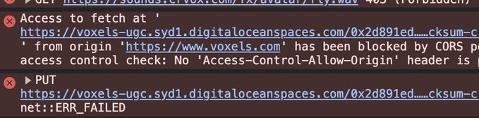 A browser console displaying CORS errors when trying to fetch a file (fly.wav) from voxels-ugc.syd1.digitaloceanspaces.com, with the requests being blocked due to 'No Access-Control-Allow-Origin' header.