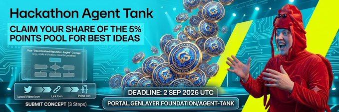 A promotional banner for 'Hackathon Agent Tank' announces a contest to 'CLAIM YOUR SHARE OF THE 5% POINTS POOL FOR BEST IDEAS', featuring a person in a red outfit gesturing excitedly, with a deadline of 2 Sep 2026 UTC.