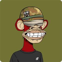 A cartoon illustration of a monkey character wearing a camouflage cap, a blindfold covering its eyes, and a black shirt, with a wide grin showing prominent teeth.