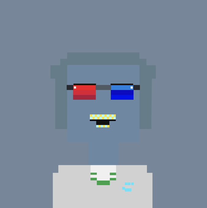 A pixel art character with gray-blue skin wears red and blue 3D glasses and has a gold-toothed smile, shown against a matching gray background.