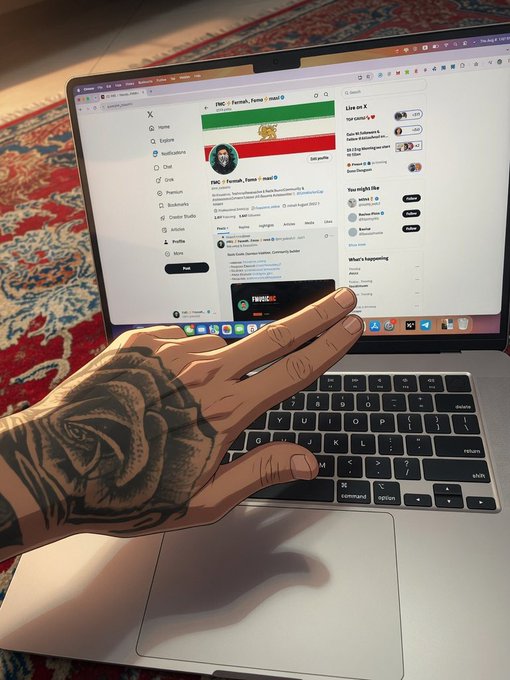 A tattooed hand reaches toward a MacBook displaying an X (formerly Twitter) profile page for "PNC | Farsiati, Farro" with an Iranian flag banner, while the user celebrates their 4th anniversary of joining the platform in the crypto space.