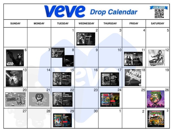 A Veve Drop Calendar displaying scheduled digital collectible releases throughout the month, featuring items from Star Wars, TMNT, Marvel, and Teenage Mutant Ninja Turtles.