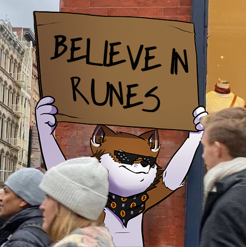 The image features a cartoon cat holding up a sign that says "Believe In Runes" with a drawing of a person wearing sunglasses, goggles, and a bandana around their neck. The text on the sign also mentions Bitcoin and the number "RUNES". The scene takes place in front of a building, where several people are walking by or standing nearby. The cat is positioned near the center of the image, with its body facing towards the left side while its head is turned to the right.