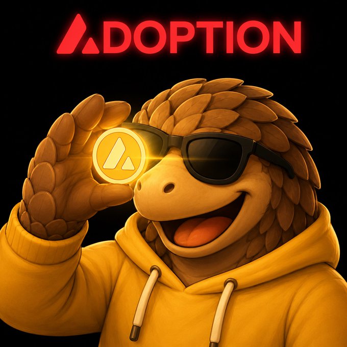 A digital artwork featuring a smiling anthropomorphic pangolin in a yellow hoodie and sunglasses, holding up an Adoption Coin, with the 'ADOPTION' logo displayed in red at the top.