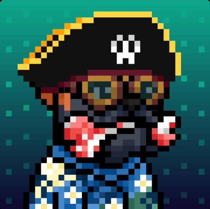 A pixel art illustration of a pirate skeleton with a beard, eye patch, and black pirate hat featuring a white skull emblem.