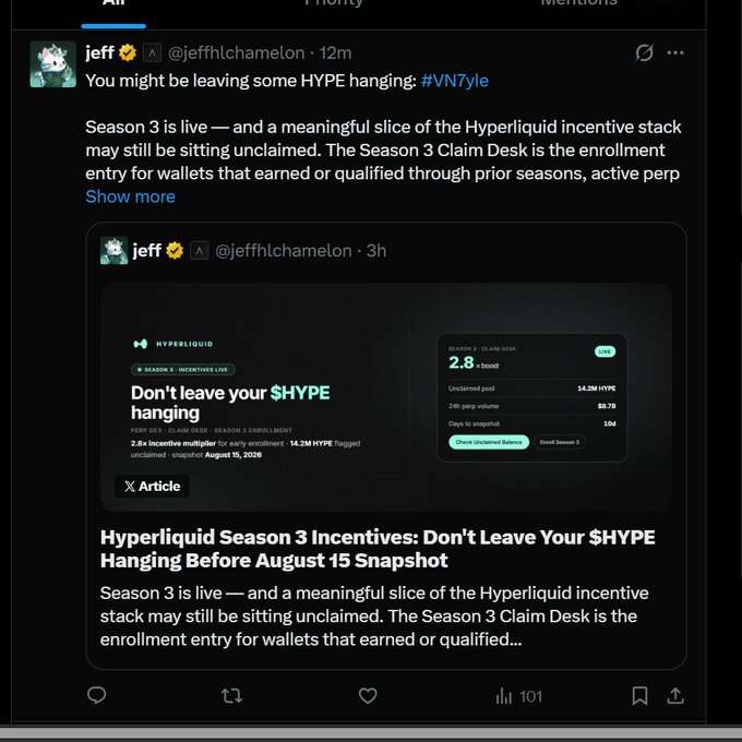A screenshot of a tweet from @jeffhlchamelon announcing Hyperliquid Season 3 incentives, reminding users to check the Season 3 Claim Desk before the August 15 snapshot, where 14.2M HYPE remains unclaimed and a 2.8x incentive multiplier is available for early enrollees. The post highlights key metrics including a 2.8x boost, 24h perp volume of $0.7B, and 106 days until snapshot, relating to the accompanying excitement about being tagged in the announcement.