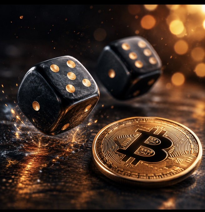 Two black dice with gold pips tumble across a textured surface beside a gleaming gold Bitcoin coin, the warm bokeh lighting evoking the high-stakes gamble of crypto self-custody after using a ColdCard hardware wallet—where "rolling dice" now symbolizes the cryptographic randomness that secures one's seed words and private keys.