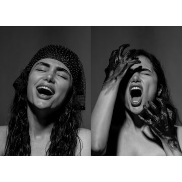 Black and white diptych photograph showing a woman laughing expressively, first wearing a headscarf and then with hands covered in dark paint covering her face.