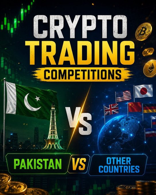A promotional graphic for 'CRYPTO TRADING COMPETITIONS' featuring the Pakistan flag and monument on the left versus various country flags (USA, Japan, UK, China, Germany, France) on the right, with the text 'PAKISTAN VS OTHER COUNTRIES' at the bottom.