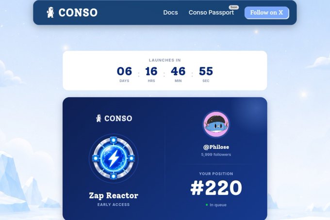 A countdown timer shows 6 days, 16 hours, 46 minutes, and 55 seconds remaining until Conso's launch, with user @Phil0se holding position #220 in queue for "Zap Reactor" early access. The image aligns with the post's mention of securing one of 10,000 spots with 6 days remaining, referencing the conso.xyz/access link.