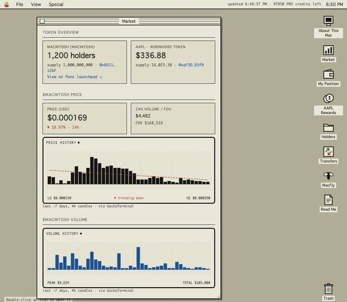 A retro Mac OS interface showing a Token Overview market page for $MACINTOSH (MACNTOSH) and $AAPL - BOBINHOOD TOKEN, with price data including $0.000169 price, 24H volume of $4,482, and FDV $166,533.