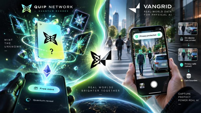 A promotional graphic for QUIP NETWORK (Quantum Echoes) and VANGRID, advertising real-world data for physical AI with features like privacy protection, on-device processing, and NFT minting.