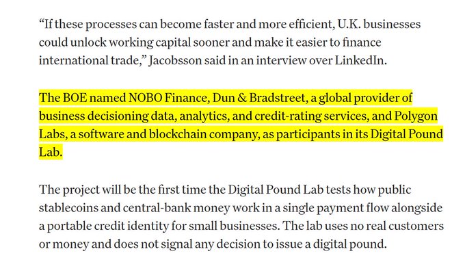Article excerpt with a highlighted section stating: "The BOE named NOBO Finance, Dun & Bradstreet, a global provider of business decisioning data, analytics, and credit-rating services, and Polygon Labs, a software and blockchain company, as participants in its Digital Pound Lab."