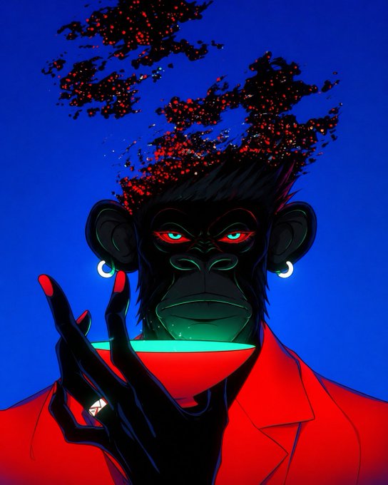 Stylized digital artwork of a dark gorilla-like figure wearing a red jacket and earrings, with glowing red eyes and particles dispersing from its head against a deep blue background, holding a bowl.