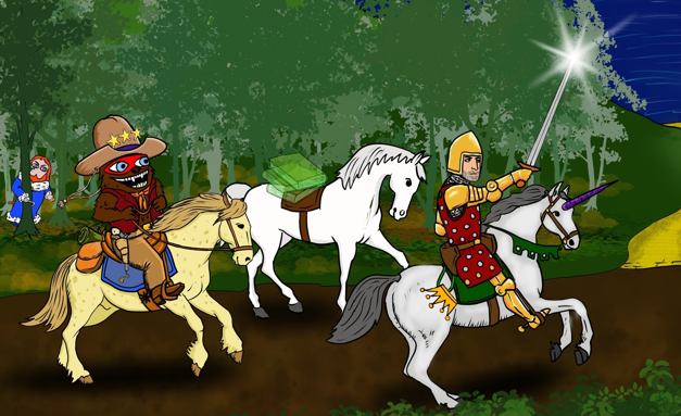 The image depicts an illustrated scene of fantasy characters on horseback—including a cowboy-masked figure and a knight with a glowing sword and a unicorn—riding through a forest, likely symbolizing a heroic journey or quest. It metaphorically represents the post's message about XRP's potential beyond cross-border payments, with the warriors and mythical creatures evoking the pursuit of a larger, hidden prize in the derivatives market.