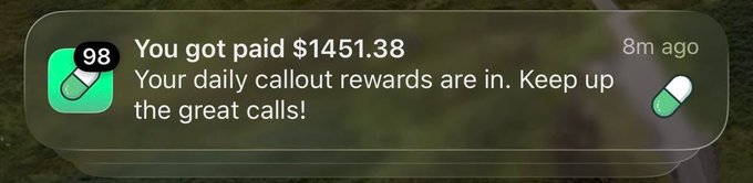 A smartphone notification shows a payment of $1451.38 received 8 minutes ago from an app with a green pill/capsule icon, with a message reading "Your daily callout rewards are in. Keep up the great calls!" — suggesting this may be the source of the unexpected $1,400 the user received from PumpFun.