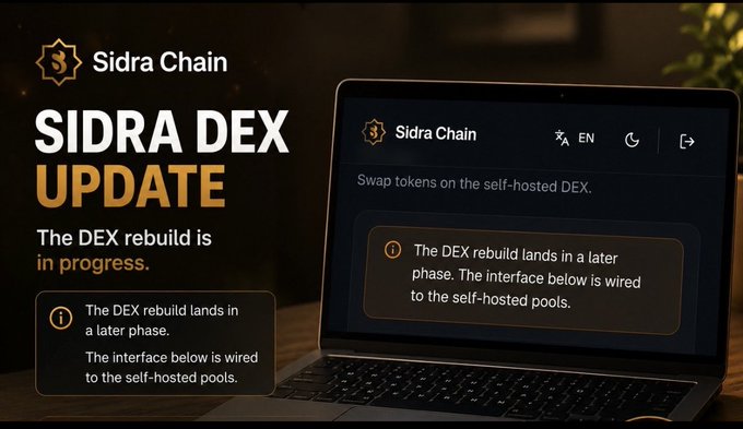 A promotional graphic for Sidra Chain announces a SIDRA DEX update, with text stating "The DEX rebuild is in progress" and noting that the rebuild "lands in a later phase," while the interface shown is wired to self-hosted pools. The image relates to the post by signaling ongoing development and foreshadowing the upcoming DEX launch tied to the anticipated SDA listing in Q4.
