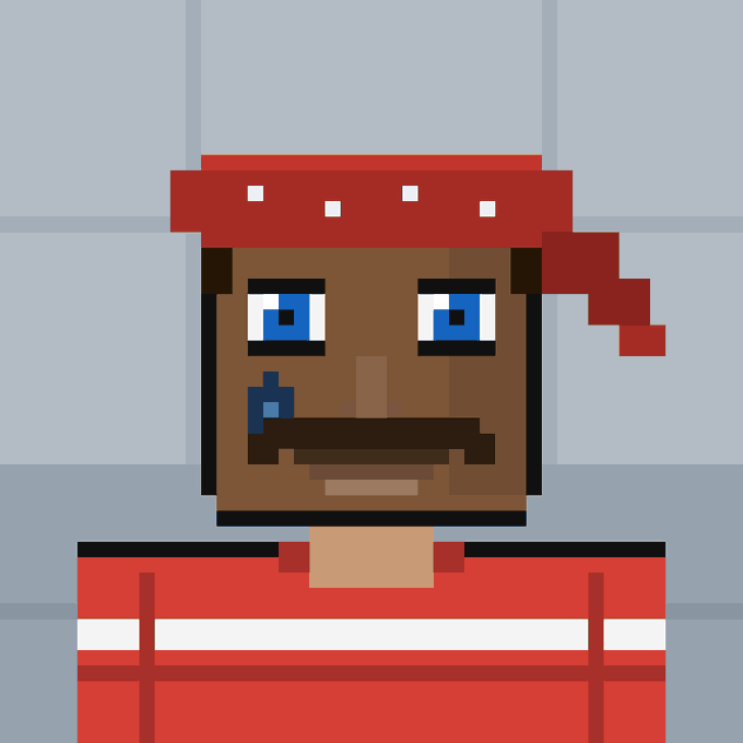 A pixel-art portrait of a dark-skinned character with blue eyes wearing a red bandana and red shirt against a light blue background.