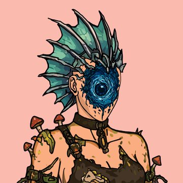 A digital illustration depicts a fantasy character with spiky teal hair and a blue swirling orb covering one eye, adorned with mushrooms on their shoulder.