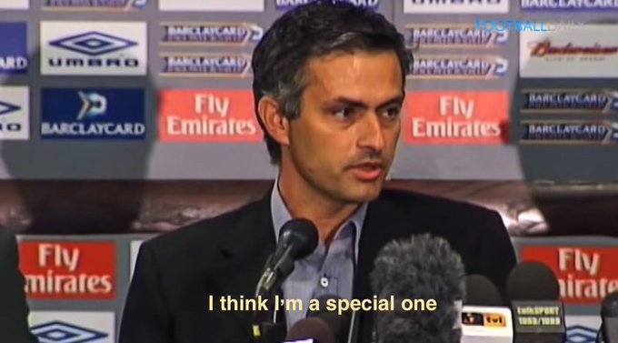A press conference screenshot showing a man (appearing to be José Mourinho) speaking at a microphone with the subtitle "I think I'm a special one," with Barclays and Fly Emirates branding visible in the background.