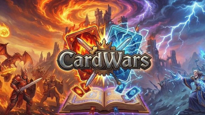 The image features a poster for a card game called "Card Wars". The poster showcases two characters from the game, one with a sword and another holding a book of cards. The background of the poster depicts a scene with a castle surrounded by flames, indicating that the game is set in a medieval fantasy world where players must use their wit and strategy to outsmart their opponents. The post also mentions that the game is live on Soneium Score Season 11 and provides details about the game's mechanics and how it works.