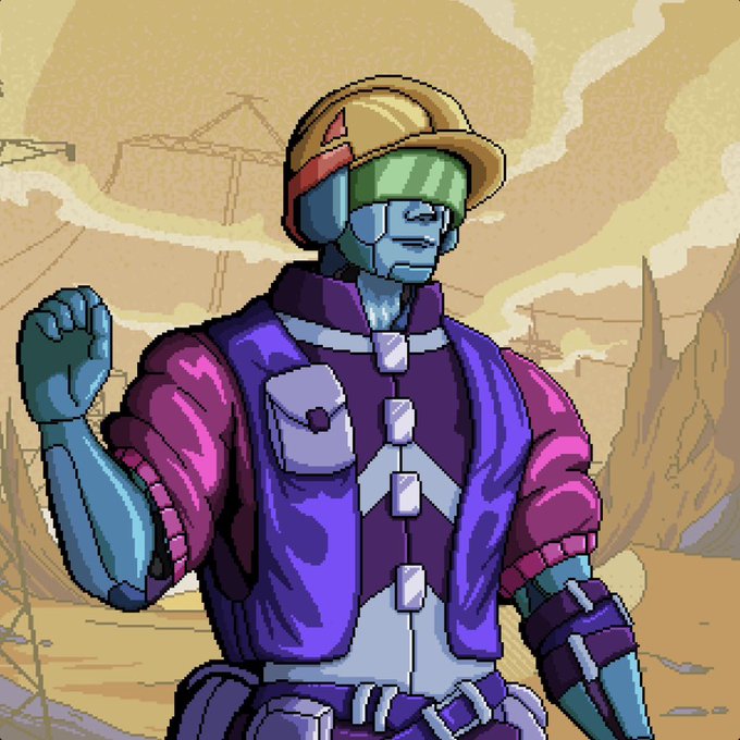 A pixel art illustration of a muscular character wearing a yellow hard hat, green visor, and purple vest in a desert-like landscape.