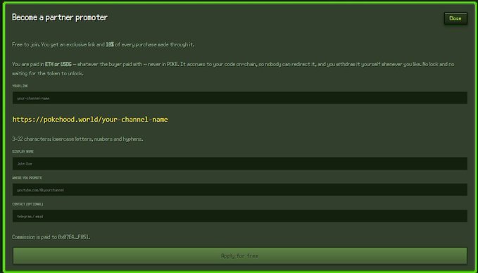 A web form titled "Become a partner promoter" for pokemoon.world, showing fields for channel name, display name, and website URL.