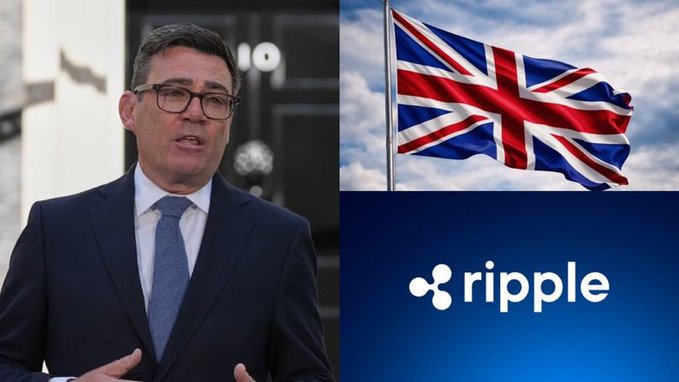A composite image showing a man in a suit and glasses on the left, the Union Jack flag on the upper right, and the Ripple cryptocurrency logo on the lower right.