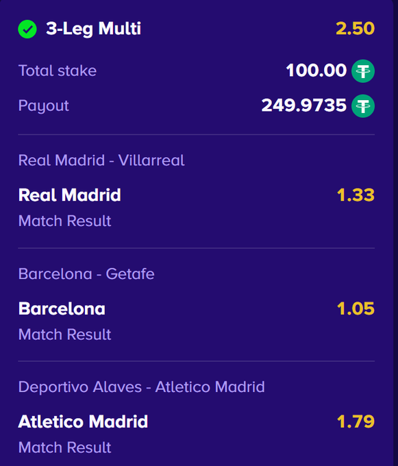 A sports betting slip titled '3-Leg Multi' with odds of 2.50, a total stake of 100.00, and a payout of 249.9735, featuring match result picks for Real Madrid (1.33), Barcelona (1.05), and Atletico Madrid (1.79).