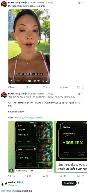 The image shows a tweet from Layah Hellpern featuring a video of a woman in a white bikini top outdoors, with captions discussing crypto gains including Bitcoin from 62k to 78k and showing trades with returns of +94.41%, +92.13%, and +366.25% on tokens like IDioFin and UniPxl. The accompanying post "@inversebrah just business" sarcastically comments on the hyped crypto trading promotion disguised as a casual outdoor vlog.