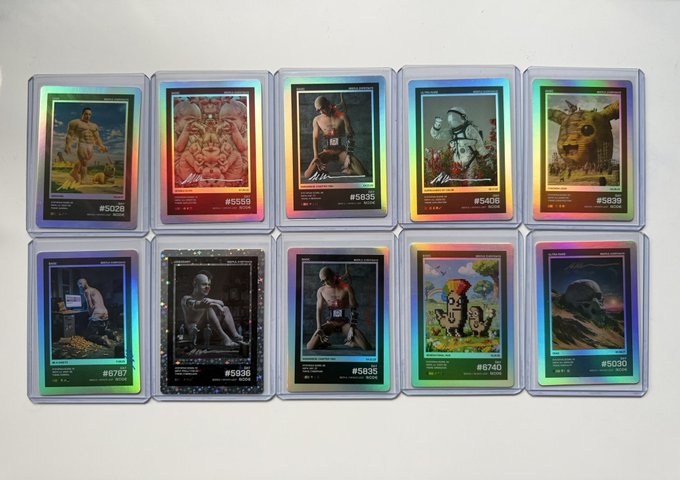 The image features a collection of ten cards, each displaying different artwork. These cards are likely used for playing card games like poker or solitaire. The cards vary in size and design, showcasing diverse artistic styles and themes. Some cards have unique illustrations that make them stand out from the rest. The post suggests that these cards can be played with friends or family members, either alone or during gatherings. It also mentions a game called "beeple" which could potentially involve using these cards as playing pieces in a card-based board game.