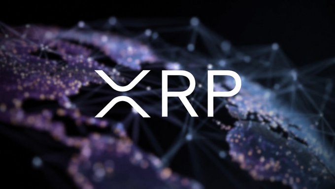 A stylized image displaying the XRP cryptocurrency logo in white against a dark background featuring a network of connected nodes and lines.