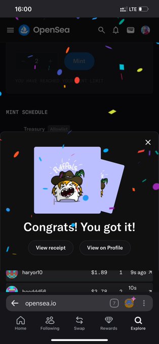 A mobile screenshot of the OpenSea app showing a celebration pop-up that reads 'Congrats! You got it!' with confetti animation over a newly minted NFT featuring a character with a hat.