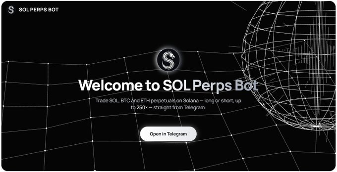 A landing page for SOL Perps Bot with a snake logo and globe graphic, inviting users to trade SOL, BTC and ETH perpetuals on Solana via Telegram.